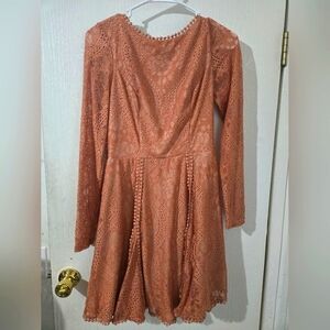 Coral Orange Rose Fit and Flare Long Sleeve Dress With Tan Layer Under
